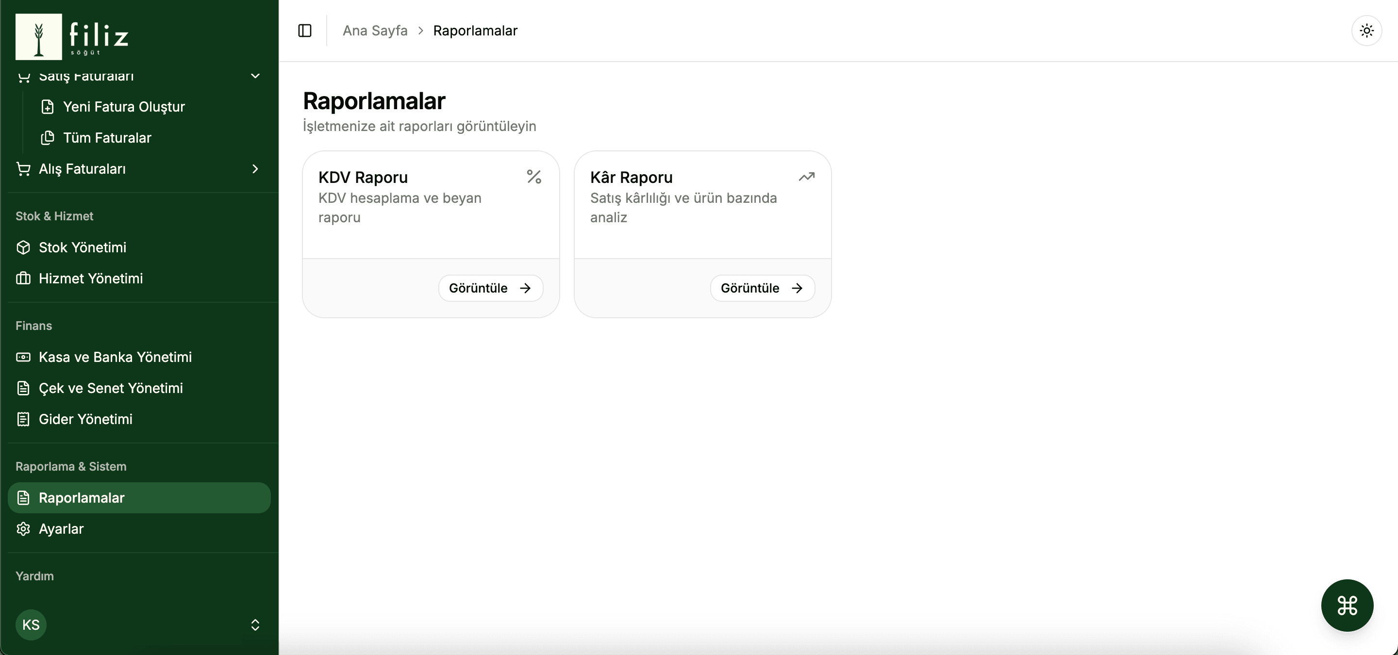 Raporlamalar ekranı: KDV raporu ve kâr raporu kartları